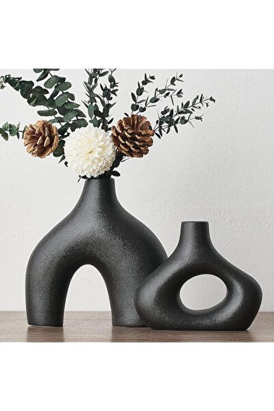 Generic Black Ceramic Vase Set of 2 for Modern Home Decor, Round Boho Donut V...