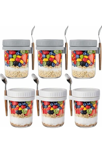Generic HOOJO® Overnight Oats Jars with Lids and Spoons, Set of 6 (16 oz) - G...