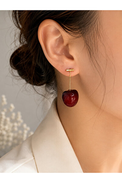 Vipfoni Pair of 3D Large Size Steel Cherry Earrings with Real Cherry Look