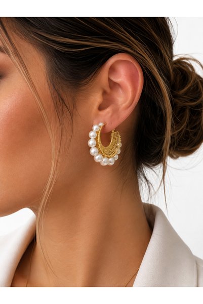 Hector&Co. Jewellery Gold Renk İnci Detaylı Örgü Tasarım Halka Küpe