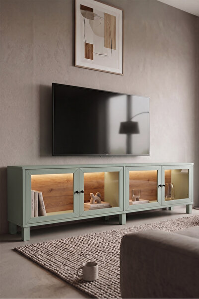 Robin Home Prime Temperli Cam Kapaklı Neon Led Işıklı Tv Ünitesi Tv Sehpası V...
