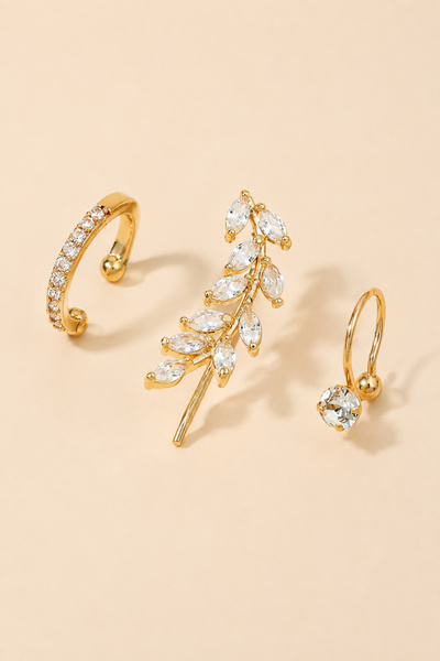 TREND COLLECTİON Altın Renk Zirkon Taşlı Yaprak Model Ear Cuff Küpe