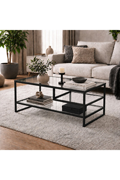 AVİBO HOME Milano Siyah Şeffaf CamMetal Çerçeveli Temperli Cam Orta Sehpa