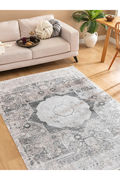 Tuğra Halı Memlük 1462 300 x 400 cm Gri Antrasit Eskitme Desenli Saçaklı Büyü...