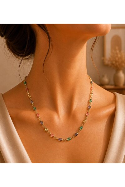 MARE BUTİK Gold Color Steel Necklace with Colorful Stone Detail