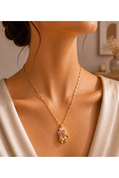 MARE BUTİK Gold Color Steel Necklace with Pink Zircon Stone Detail