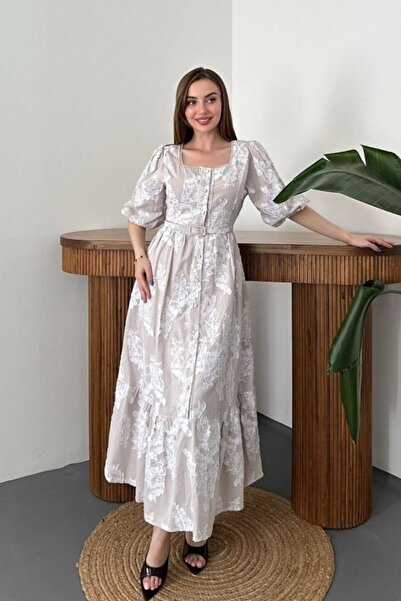 Elbee Fashion Woman Μπεζ Φόρεμα με Κέντημα και Βολάν