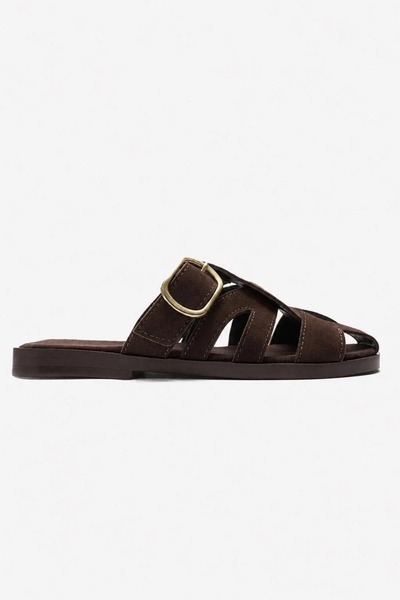 Tk Black Women's Suede Gold Buckle Detailed Cage Closed Toe Bohemian Slippers