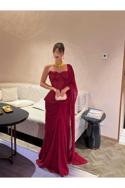Ayaen Burgundy Evening Gown with Chair-Like Design, Elegant Drape, and a Sing...