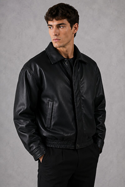 Bossago Men's Black Leather Look Bomber Jacket – Zippered Oversize Seasonal Coat