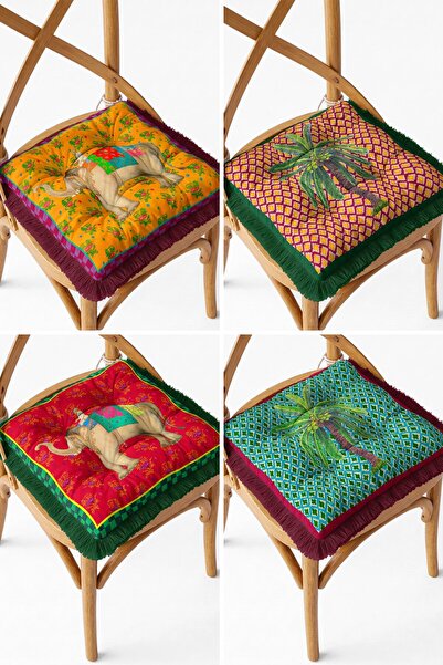 IdeCraft Indian Themed Elephant and Palm Tree Patterned Fringed and Laced 4-P...