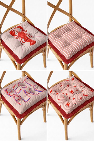 IdeCraft Red Lobster and Striped Patterned Fringed Lace-Up Fluffy Chair Cushi...