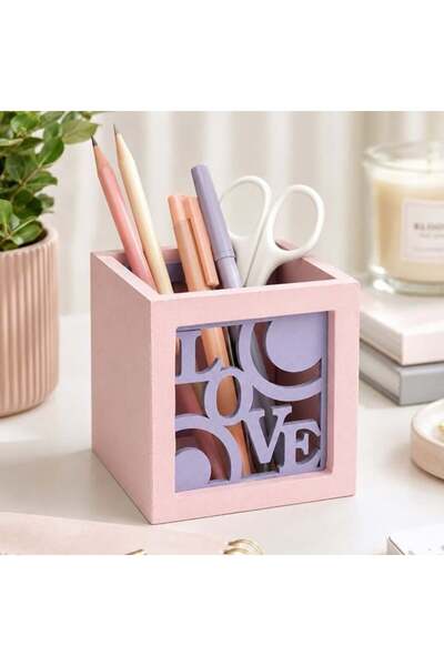 BAMI NETWORK Suport creioane lemn roz Love 9x9x9cm pentru birou