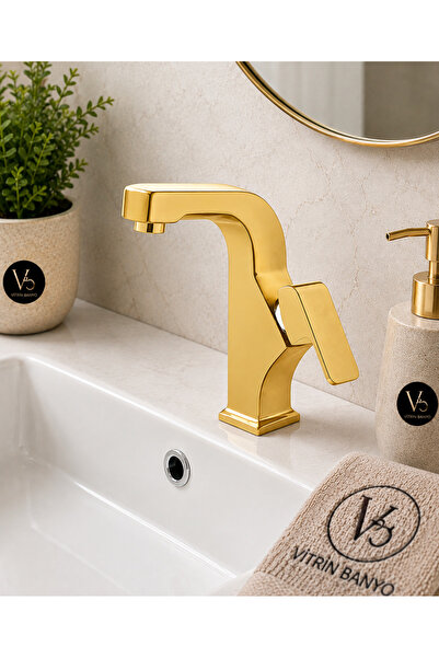 vb vitrinbanyo Modern Square Lavatory Faucet Gold – Single Handle Gold Brass ...