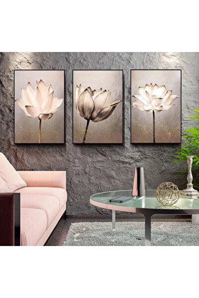 EMYA HOME Set de 3 tablouri pe pânză cu flori de lotus, înrămate în metal negru