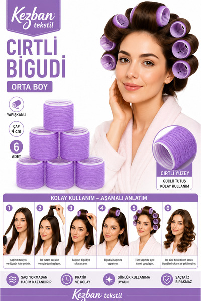 Kezban Tekstil 6lı ORTA Boy Bigudi Cırtlı - Yapışkanlı Saç Bigudisi (Çap: 40mm)