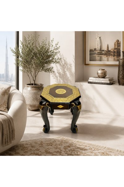 Al Athar Arts Handmade Wooden Hexagon Side Table with Brass Embossing – Mango Wood{length 18 inches x depth 18"}