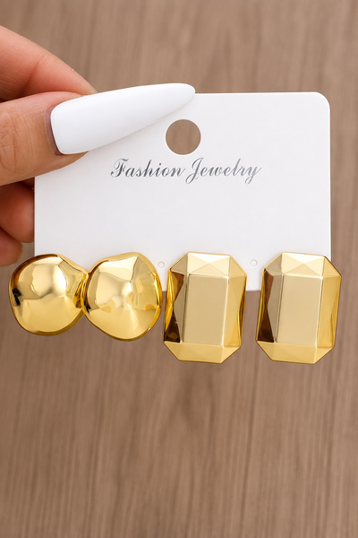 TREND COLLECTİON Gold Color Large Size Modern Double Earring Set (2cm)
