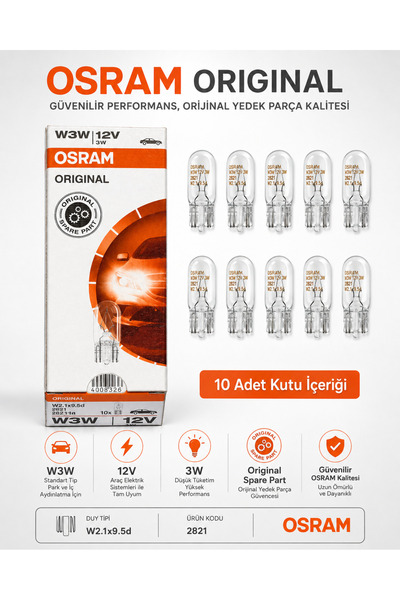 Osram T10 W3W 2821 Ampul 10'lu Paket 12V 3W W2.1x9.5d Park Lambası İç Aydınla...