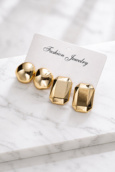 TREND COLLECTİON Altın Renk Büyük Boy Modern İkili Küpe Seti (2cm)