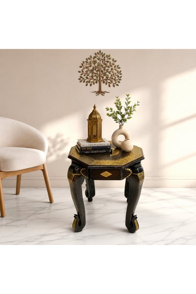 Al Athar Arts Handmade Wooden Hexagon Side Table with Brass Embossing – Mango Wood{length 18 inches x depth 18"}