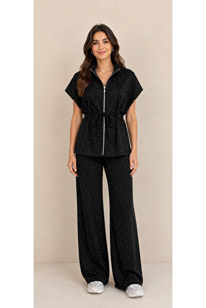 ruyaguneyboutique Siyah Beli Lastikli Hırka Pantolon Taşlı Modal Takım
