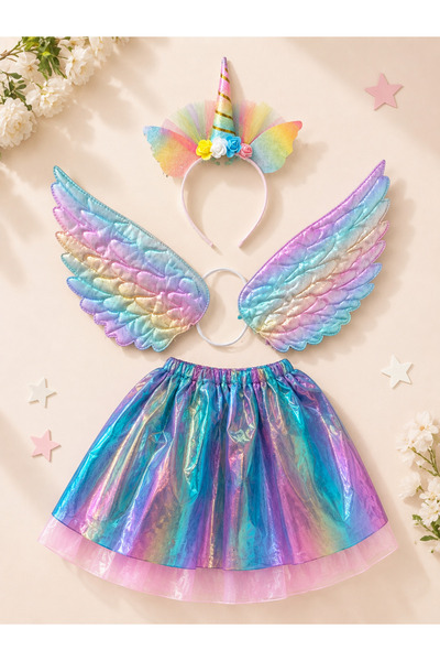 Generic Brand Unicorn Costume Set for Kids, 3 Pieces – Rainbow Skirt, Wings a...