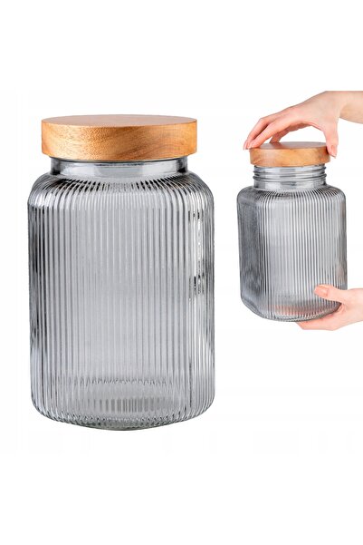 SuperButelki Borcan din Sticla cu Capac din Lemn, 3000 ml, 22.9x14.2 cm, Gri,...