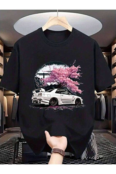 26LIK تي شيرت رجالي ياباني بتصميم زهر الكرز JDM، فضفاض وعصري بياقة مستديرة وأ...