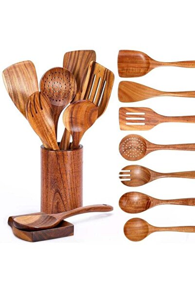 Arabest 9-Piece Natural Teak Wooden Kitchen Utensil Set,Spoon Rest,Comfort-Gr...