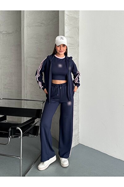 mylunessa Women's New Season 3-Piece Crop Top, Zippered Front, Navy Blue Stri...
