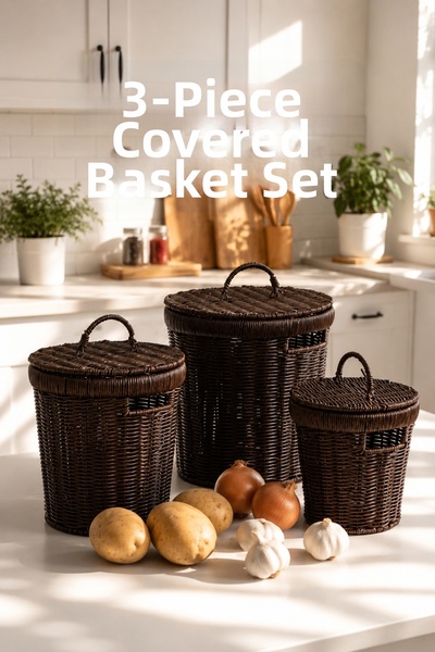 Porsima Pbt-920-1 3-Piece Bamboo Basket Set with Wicker Basket Covers Decorat...