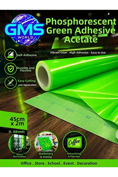 GMS WORLD لفة لاصقة خضراء مضيئة بالفوسفور من الأسيتات / الأبعاد 45 سم × 2 م ×...