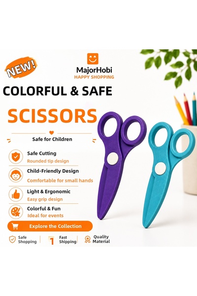 Major Hobi Children's Paper Scissors Set of 2 – Colored Scissors with Safe Ti...