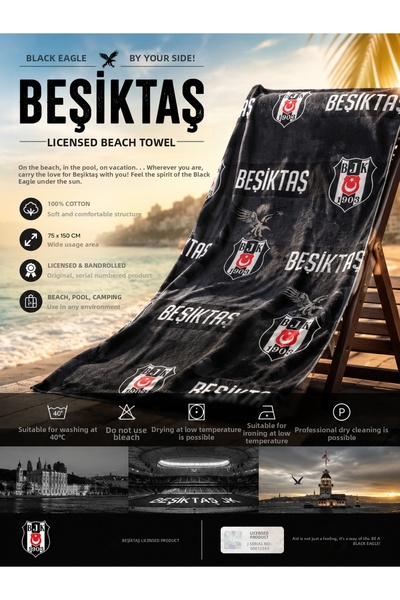 Beşiktaş Licensed Karakartal Beach Towel with Bandroll (Serial Numbered) 75 X...