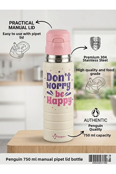 Lider MAGNESİA Steel Bottle 750 ml (304) with Manual Straw Lid Penguen