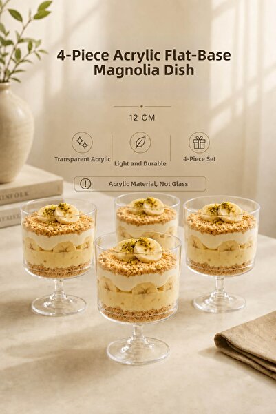 Anadolu Saray 4 Pieces of Magnolia Dessert Bowl with Acrylic Legs 12 cm Trans...