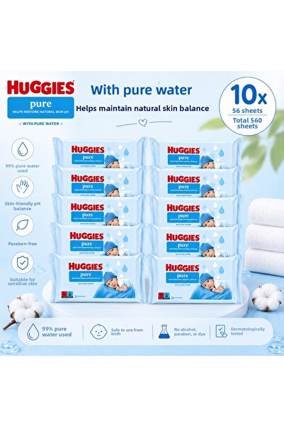 Huggies مناديل مبللة نقية للأطفال 56 منديل تحتوي على 99% ماء نقي للبشرة الحسا...