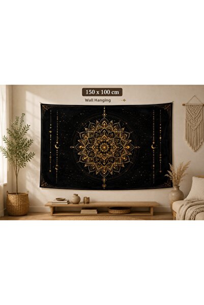 Piloji Golden Mandala Wall Cloth Black Background Bohemian Zen Aesthetic Fabr...
