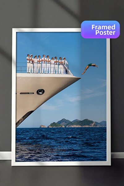 Postifull Yacht and Diver Poster, White Framed Poster, Old Money Series, No:1...