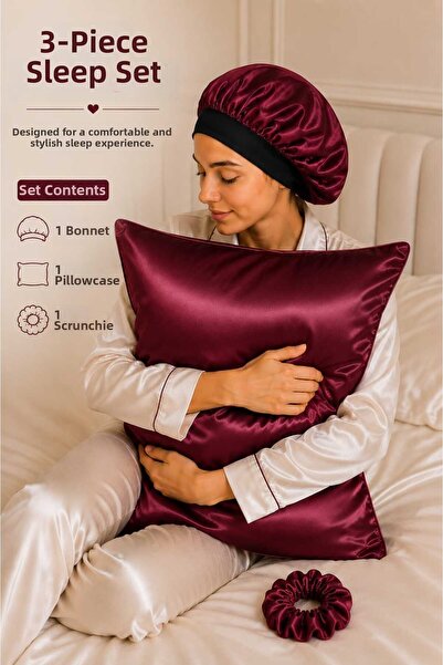 Deko Dekor Burgundy Satin Bonnet, Satin Pillowcase, and Hair Clip Set for Cur...