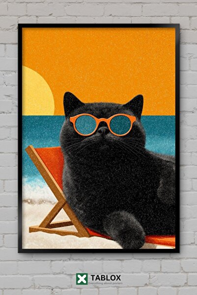 TABLOX Cat Beach Sun Minimal Artistic Holiday Wooden Framed Decorative Mdf Pa...