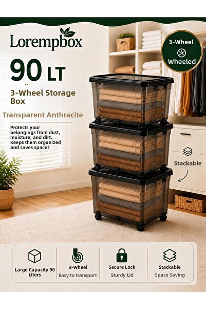 LOREMPBOX صندوق تخزين بعجلات ثلاثي الطبقات سعة 90 لتر، شفاف، لون أنثراسايت | ...