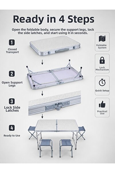 teknodayım Suitcase Type Foldable Picnic Table with 4 Stools Portable Camping...
