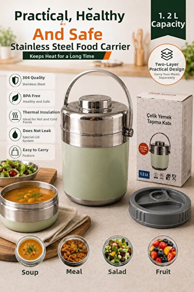 Begin Power 1.2 Lt 2-Piece Stainless Steel Leak-Proof Thermos Food Container ...