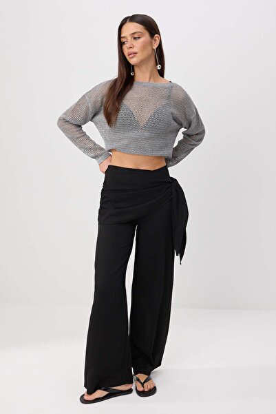 Trendyol Collection Non-Fading Black Shawl Tie Detail Wide Leg Pants Twoss26P...