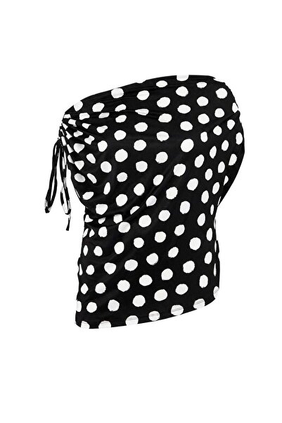 Trendyol Curve Black Polka Dot Patterned Boat Neck Ruched Detail Knitted Larg...