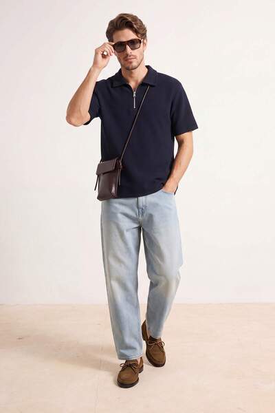 Trendyol Collection Navy Blue Loose Fit Textured Zippered Polo Collar T-Shirt...