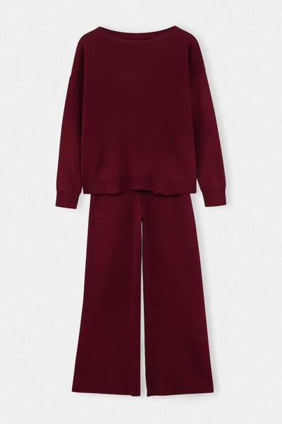 Trendyol Collection Burgundy Boat Neck Sweater-Pants Knitwear Bottom - Top Se...