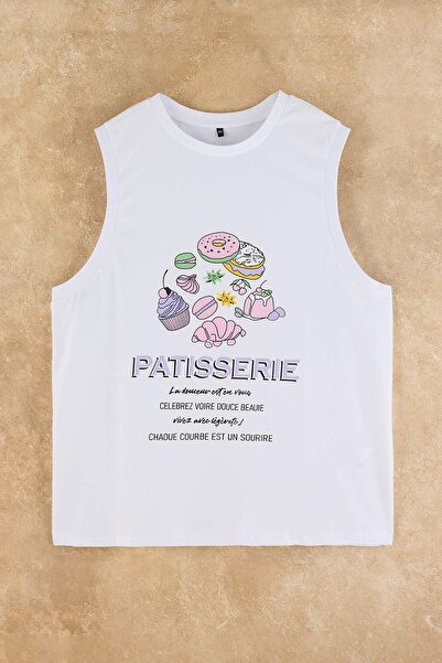 Trendyol Curve Weißes bedrucktes ärmelloses T-Shirt mit entspannter Passform ...